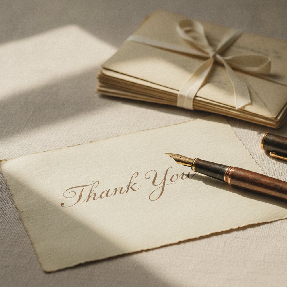 A handwritten thank-you note and pen on a stack of donor letters